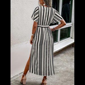 Cotton V-Neck Maxi Dress Casual Belted Style